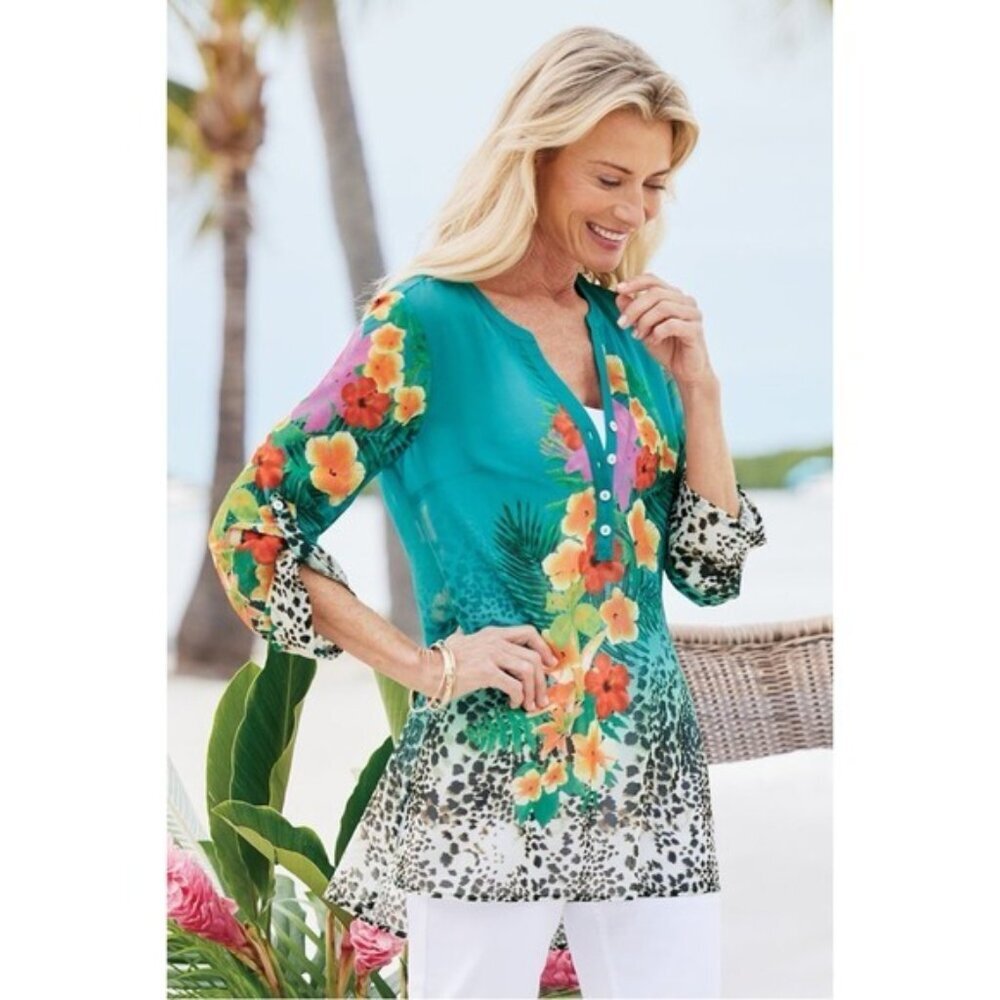 Soft Surroundings Women's SMALL Teal Tropical Chiffon Shirt Top ST 57886